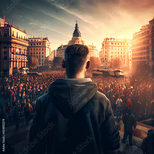 A man, stands in front of the crowd moments before starting a revolution with the City in the background. Generated by AI photo