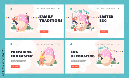 Easter Egg Landing Page Template Set. Happy Family Prepare for Easter Celebration. Tiny Parents, Granny and Children