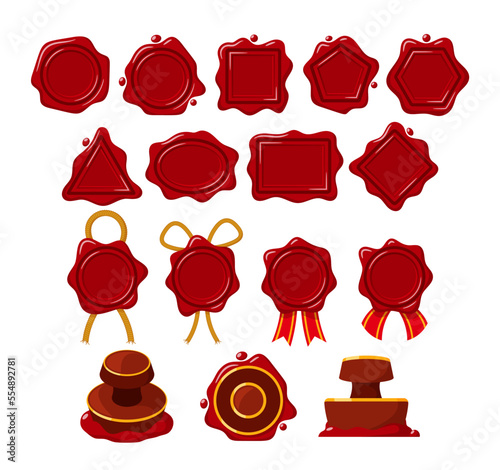 Set Of Wax Seal Stamps, Isolated Retro Labels, Red Certificate, Document, Letter, Envelope Protection And Certification