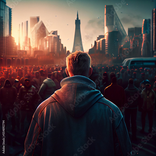 A man, stands in front of the crowd moments before starting a revolution with the City in the background. © Trendboyt
