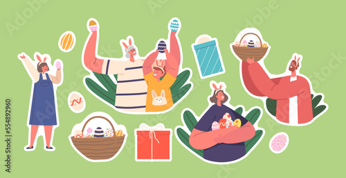 Set of Stickers Happy Family Prepare for Easter Celebration. Parents, Grandparent and Children Wear Rabbit Ears