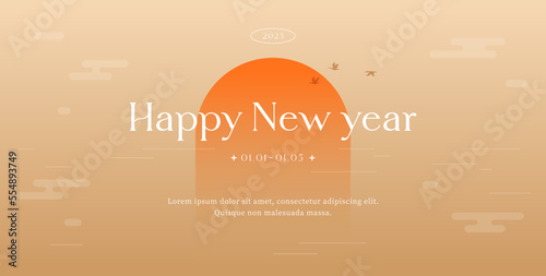 2023 Happy new year concept. Sun rising over the sea. First sunrise, Cloud, Geese. Minimal Modern layout, Fashionable color. Banner, poster, flyer, greeting card. Trendy Flat vector illustration.