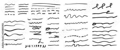 Set of artistic pen brushes.Doodles, ink brushes.Set of vector grunge brushes. Collection of strokes of markers. Set of wavy horizontal lines