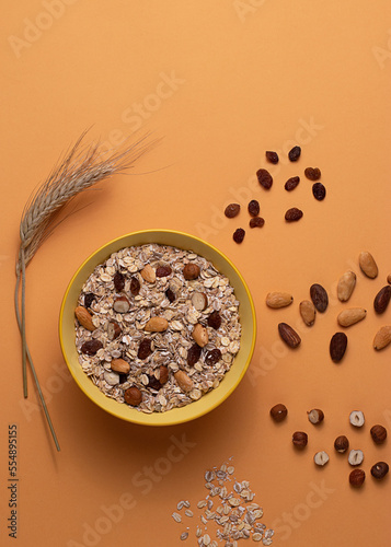 Granola with nuts on bowl