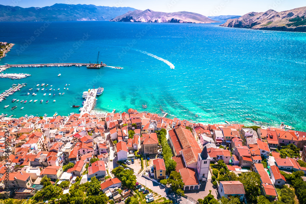 Fototapeta premium Adriatic town of Baska idyllic waterfront aerial view