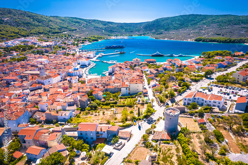 Adriatic town of Cres tower and bay aerial view