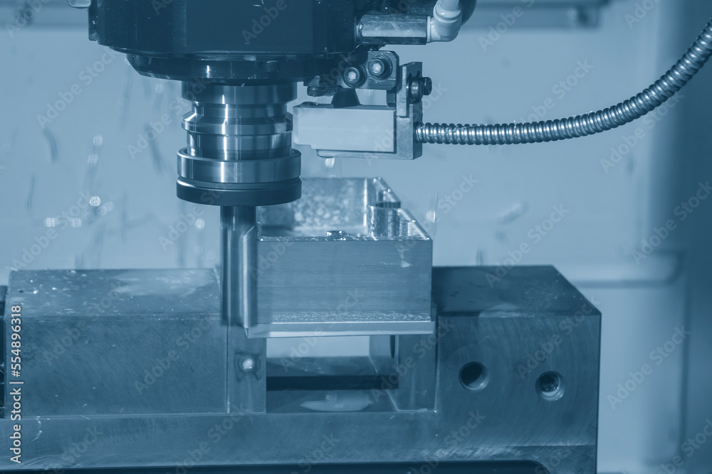 The CNC milling machine rough cutting the injection mold parts by solid flat endmill tools. The CNC milling machine rough cutting the injection mold parts by solid flat endmill tools.