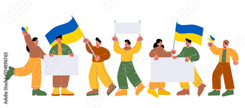 Protest demonstration against war with people holding Ukrainian flags and white banners. Vector flat illustration of group of men and women on demonstration for peace and freedom of Ukraine