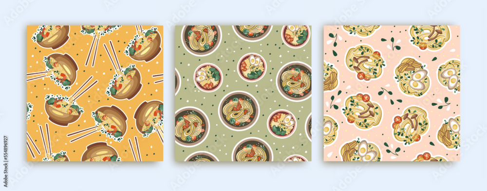 Set of cute Asian food prints. Pattern with udon or ramen soup and sushi. Bowl with noodles. Suitable for restaurant banners, menus, and fast food advertisements. Korean or Chinese food.