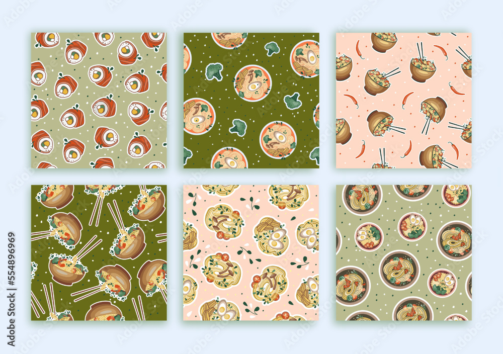 Fototapeta premium Set of cute Asian food prints. Pattern with udon or ramen soup. Bowl with noodles. Suitable for restaurant banners, menus, and fast food advertisements. Korean or Chinese food.