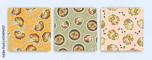 Set of cute Asian food prints. Pattern with udon or ramen soup and sushi. Bowl with noodles. Suitable for restaurant banners, menus, and fast food advertisements. Korean or Chinese food.