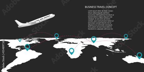 White airplane  taking off in the air  with world map flight path location pin on black background , vector illustration ,Business travel holiday summer Concept
