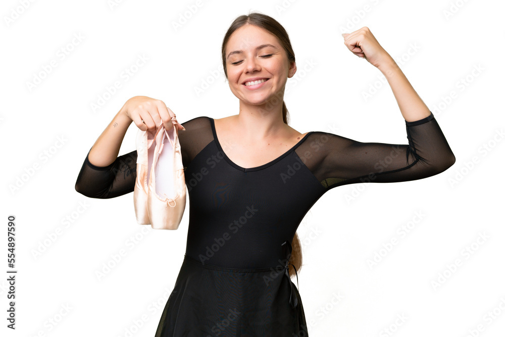 Young beautiful blonde woman practicing ballet over isolated background doing strong gesture Young beautiful blonde woman practicing ballet over isolated background doing strong gesture