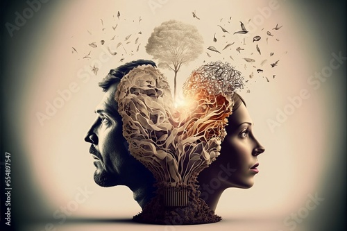Man and woman organically creating ideas surreal concept. Generative AI, this image is not based on any original image, character or person.