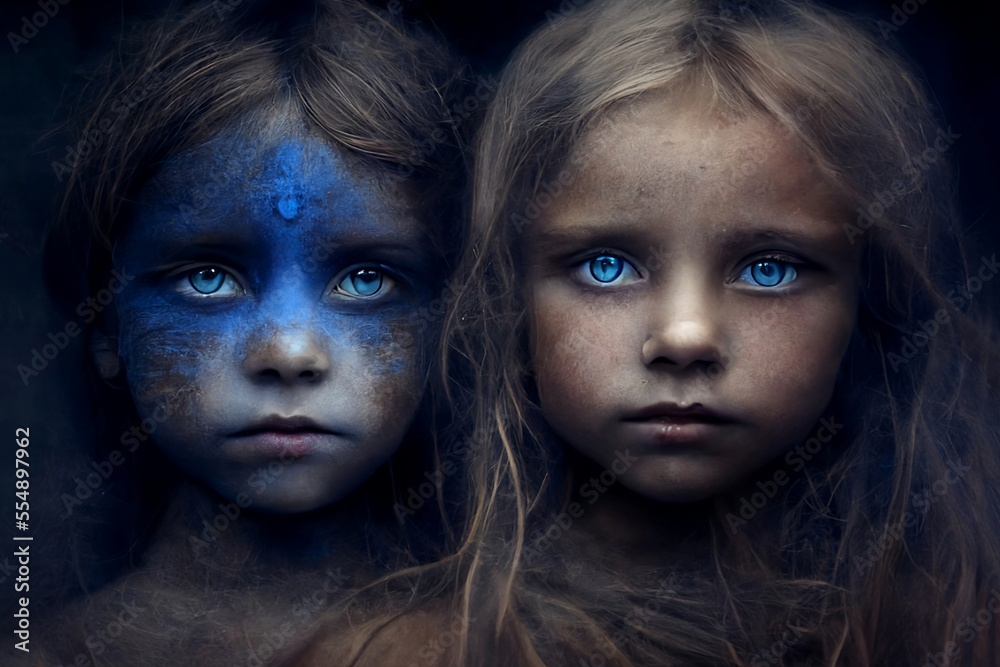 Children with indigo paint and eyes. Spiritual children with old souls. Generative AI, this image is not based on any original image, character or person. - obrazy, fototapety, plakaty 