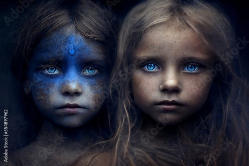 Children with indigo paint and eyes. Spiritual children with old souls. Generative AI, this image is not based on any original image, character or person. photo