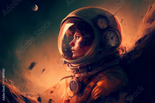 Woman in a retro looking spacesuit. Generative AI, this image is not based on any original image, character or person.