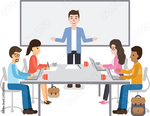 Group of working people, businessmen and businesswomen meeting in conference room, business team brainstorming together in office.
