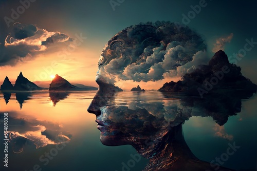 Calmness of the mind. Profile of a woman's head filled with calming landscape scene. Generative AI, this image is not based on any original image, character or person. photo