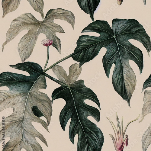Tropical vintage red hibiscus and strelitzia floral green palm leaves seamless pattern black background. Exotic jungle wallpaper.