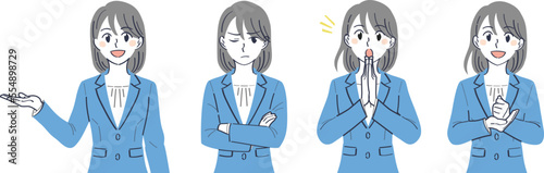 ビジネススーツの女性　表情ポーズの上半身イラストセット（案内する　イライラする　気づく　納得）