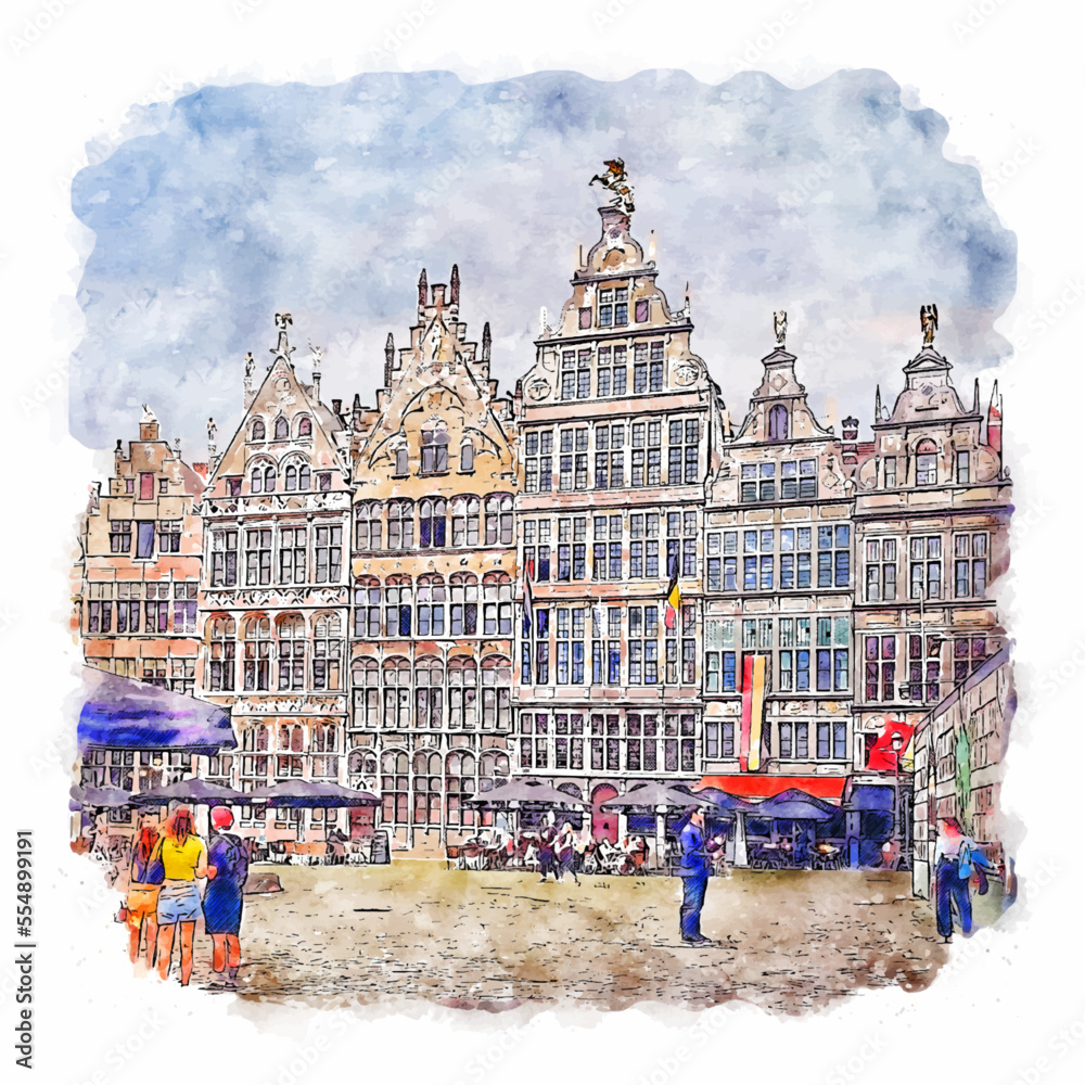 Antwerp Belgium Watercolor Sketch Travel Souvenir Sticker Hand Drawn Portrait Poster Artwork Painting Illustration Graphic Vector EPS