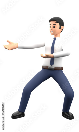 3D illustration business man do the gesture with a smile and happy emotion in cartoon style. Businessman with success pose action with positive thinking on a blank background.