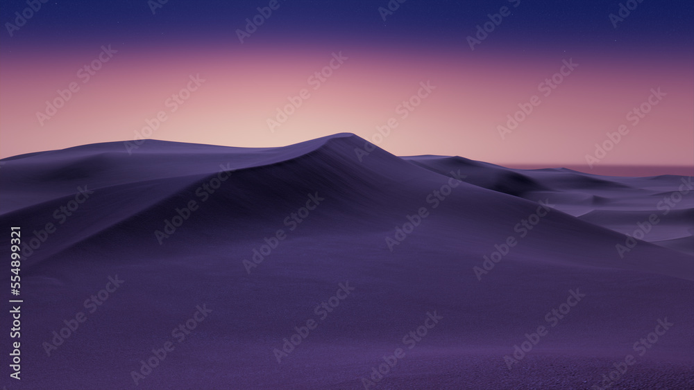Dusk Landscape, with Desert Sand Dunes. Scenic Modern Wallpaper with Pink Gradient Starry Sky Dusk Landscape, with Desert Sand Dunes. Scenic Modern Wallpaper with Pink Gradient Starry Sky