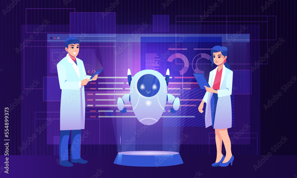 Man and woman scientist with cute robot vector concept illustration Man and woman scientist with cute robot vector concept illustration