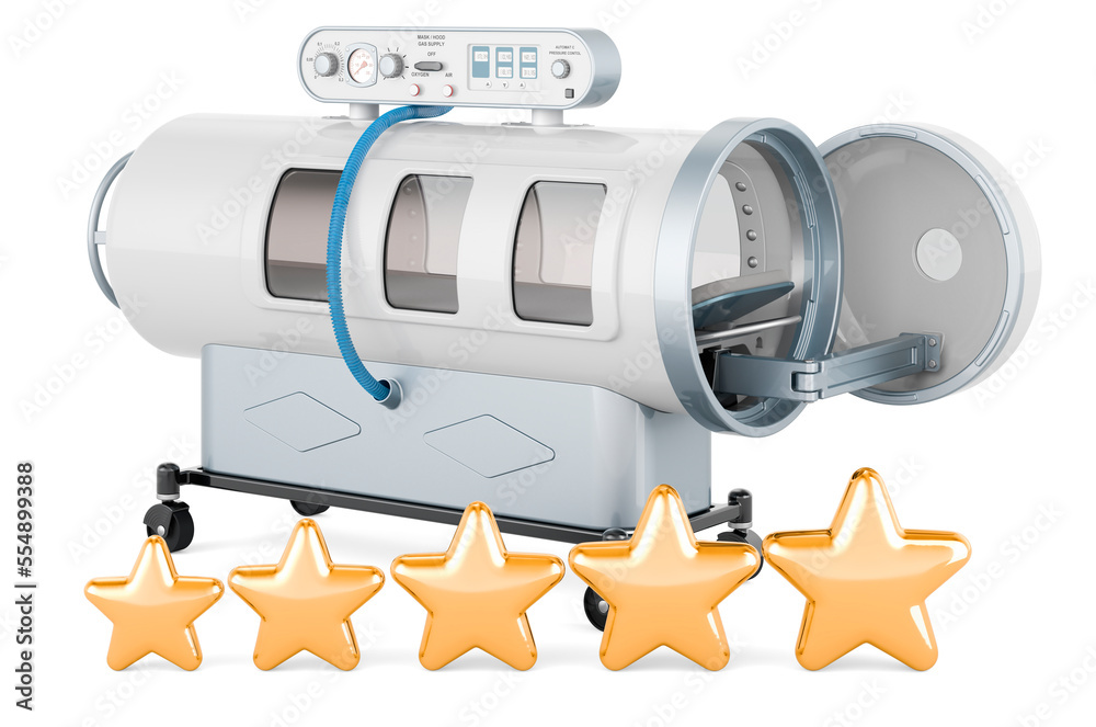 Hyperbaric chamber with five golden stars. 3D rendering