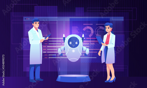 Man and woman scientist with cute robot vector concept illustration