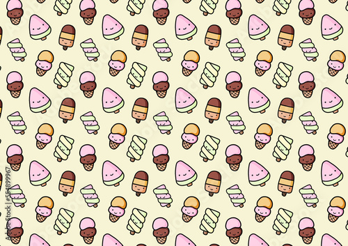 Cartoon ice cream and popsicle pattern on yellow creamy background