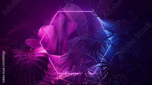 Futuristic Background Design. Tropical Leaves with Blue and Pink, Hexagon shaped Neon Frame. photo