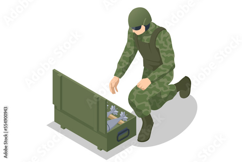 Isometric Special Forces Soldier Police, Swat Team Member. Soldier with grenades in a box on white background. Army, military and people concept