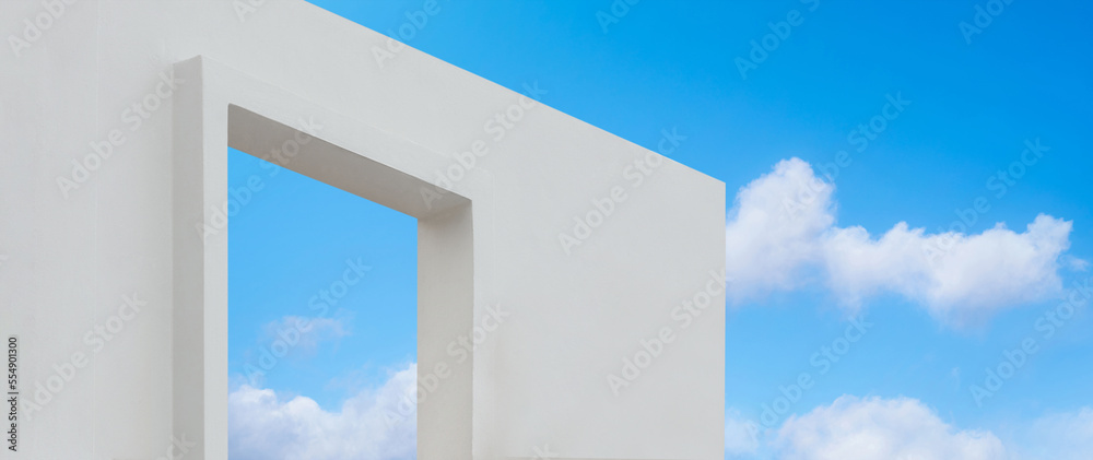 Wall concrete texture with open window against blue sky and clouds, A part of White paint cement building, Ant view Modern architecture with open door in Spring or Summer sky, Minimalistic design Wall concrete texture with open window against blue sky and clouds, A part of White paint cement building, Ant view Modern architecture with open door in Spring or Summer sky, Minimalistic design