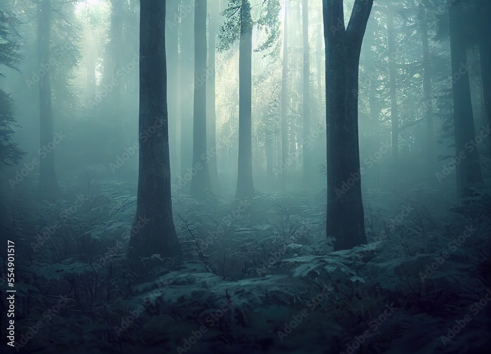Naklejka premium Smokey lane in the forest, blue and grey colors. Dark scary path. Misty fog with sunbeams breaking through. AI generated art.