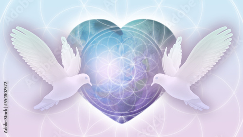 Heart shaped Earth with two doves and flower of life sacred geometry 3D illustration, Thumbnail, Cover Image