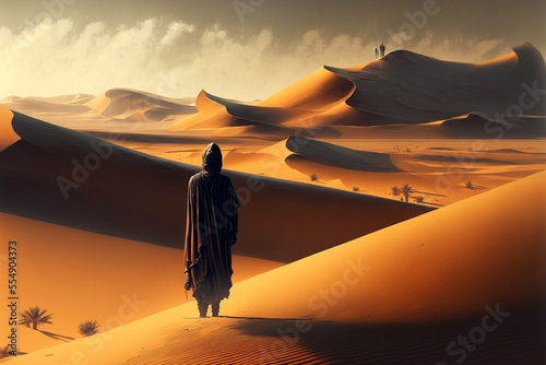 Fototapeta Generative ai illustration people traveling dune desert.