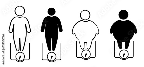 Diet scale or weighing scale. Balance concept. Bathroom weight scale icon. World diabetes day. People on unhealthy with overweight, obesity problem. Fat, calories, and stickman, stick figure man.