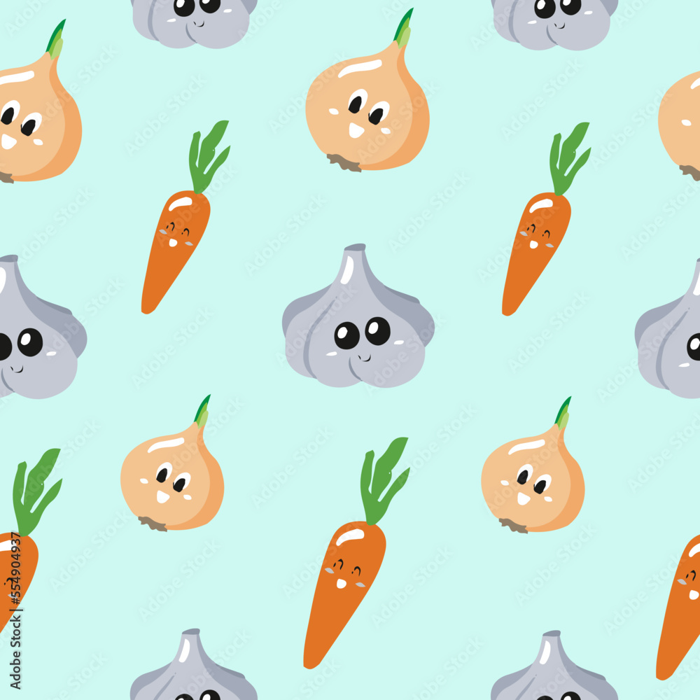 Cute seamless pattern with cartoon vegetables - onion, carrot and garlic. Vector illustration for cards, posters, flyers, webs and other use. Cute seamless pattern with cartoon vegetables - onion, carrot and garlic. Vector illustration for cards, posters, flyers, webs and other use.