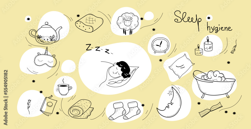 Sleep hygiene set, alarm clock, sleep mask , herbal tea ,comfortable pillow, vector doodle hand drawn sketch illustration