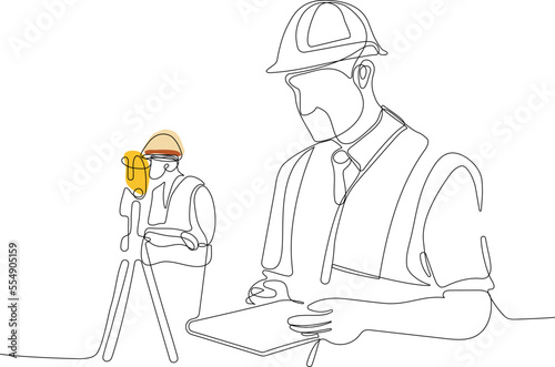 Close up of young Caucasian worker with helmet on head using tablet for work while standing in warehouse. Surveyor with a tripod icon. Geodesic tripod. Vector illustration