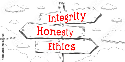 Integrity, honesty, ethics - outline signpost with three arrows