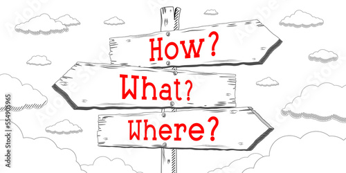 How, what, where - outline signpost with three arrows