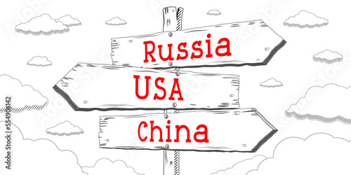 Russia, USA, China - outline signpost with three arrows