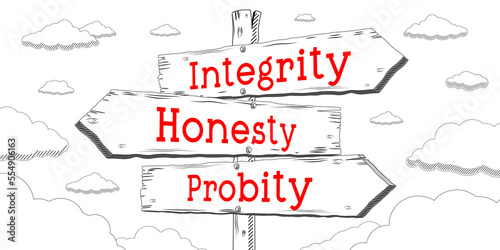 Integrity, honesty, probity - outline signpost with three arrows