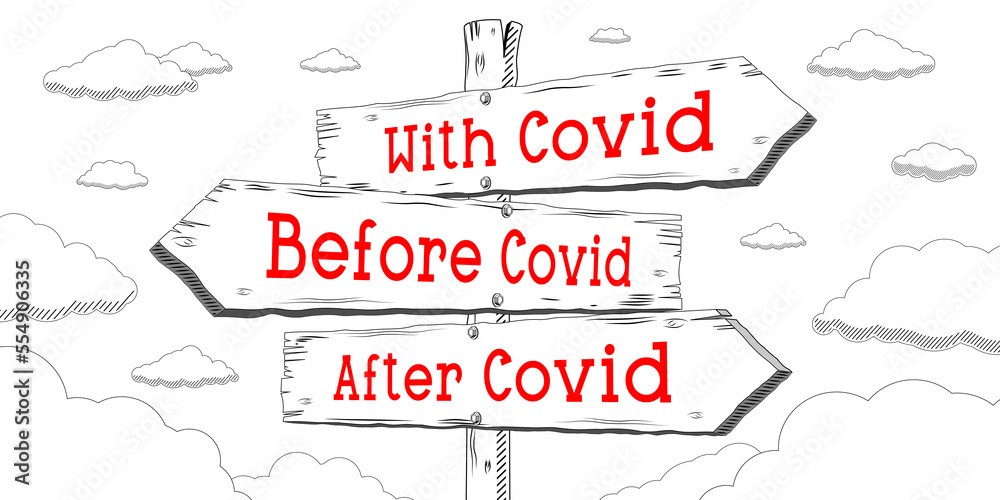 Before, with, after Covid - outline signpost with three arrows