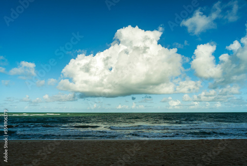 Beautiful maritime panorama of the horizon with blue sky with clouds. City of Trancoso in the state of Bahia