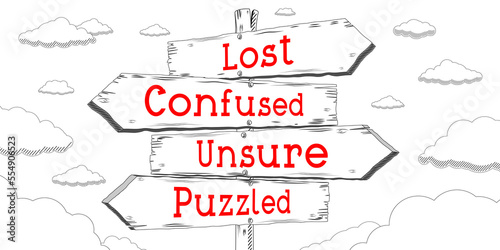 Lost  confused  unsure  puzzled - outline signpost with four arrows