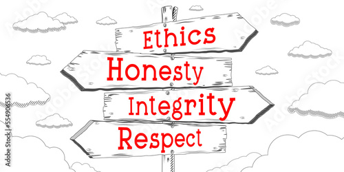 Ethics  honesty  integrity  respect - outline signpost with four arrows